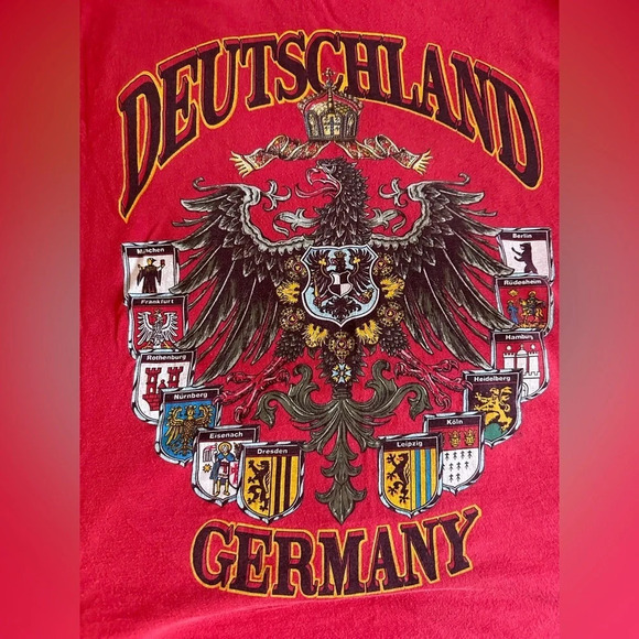 Vintage 1980s Deutschland Germany T-Shirt M Red Tee Crest Worn - Picture 7 of 8